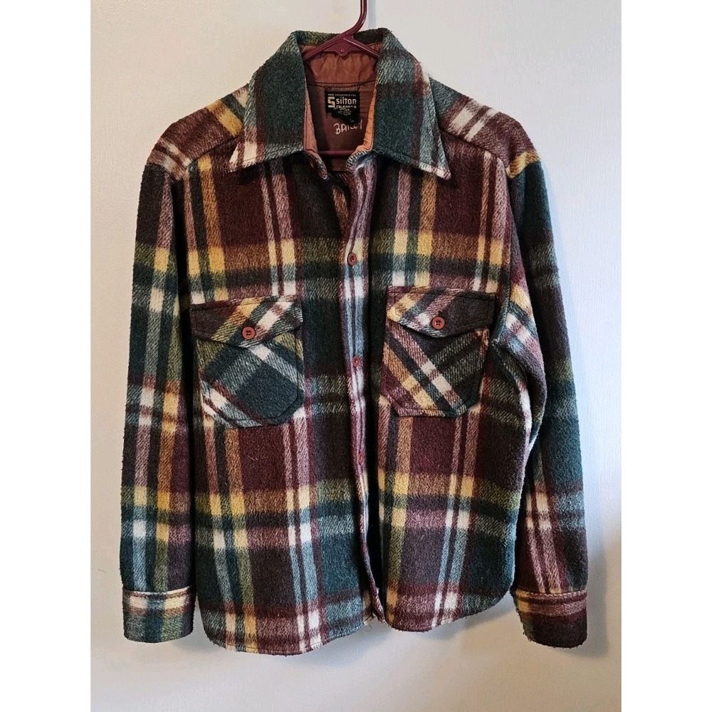 Silton California Flannel Plaid Shirt Mens Med Green/Burgundy/Yellow Wool Linen